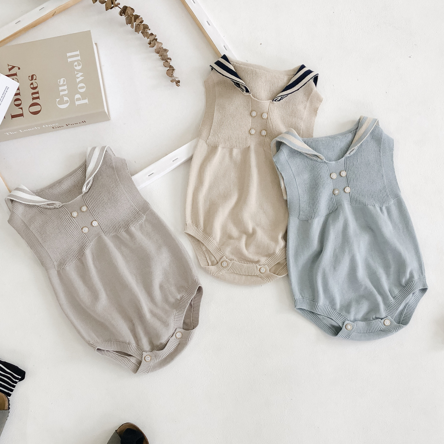 Neugeborenen-Baby-Overall, einfarbig, mit knöpfen, ärmellos, gestrickt, sommerkleidung