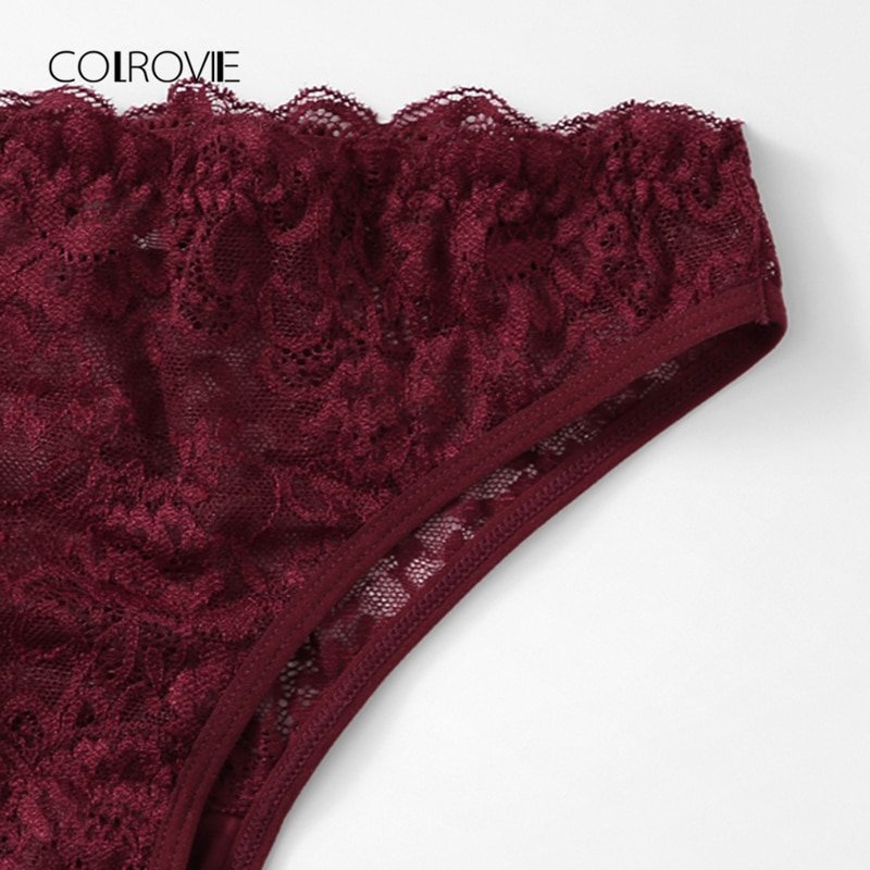 COLROVIE Burgundy Scalloped Trim Lace Lingerie Set Women Bra And Brief Sets Wireless Transparent Sexy Underwear Bra Set