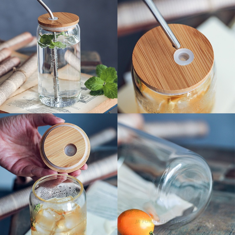 Transparent Can shape Glass Cups with Bamboo lid and straw Ice Coffee cup Glass tumblers High boron Beer Can glass Drinkware