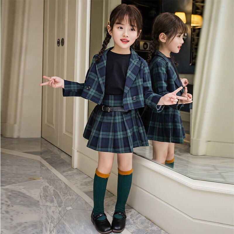 Meisjes Blazer Lente Autumnjackets Pak Kinderen Kids Blazer + Plooirok Schooluniform 2 Stuks Meisje Pak Effen Kleur Kleding set: 2PCS / 8