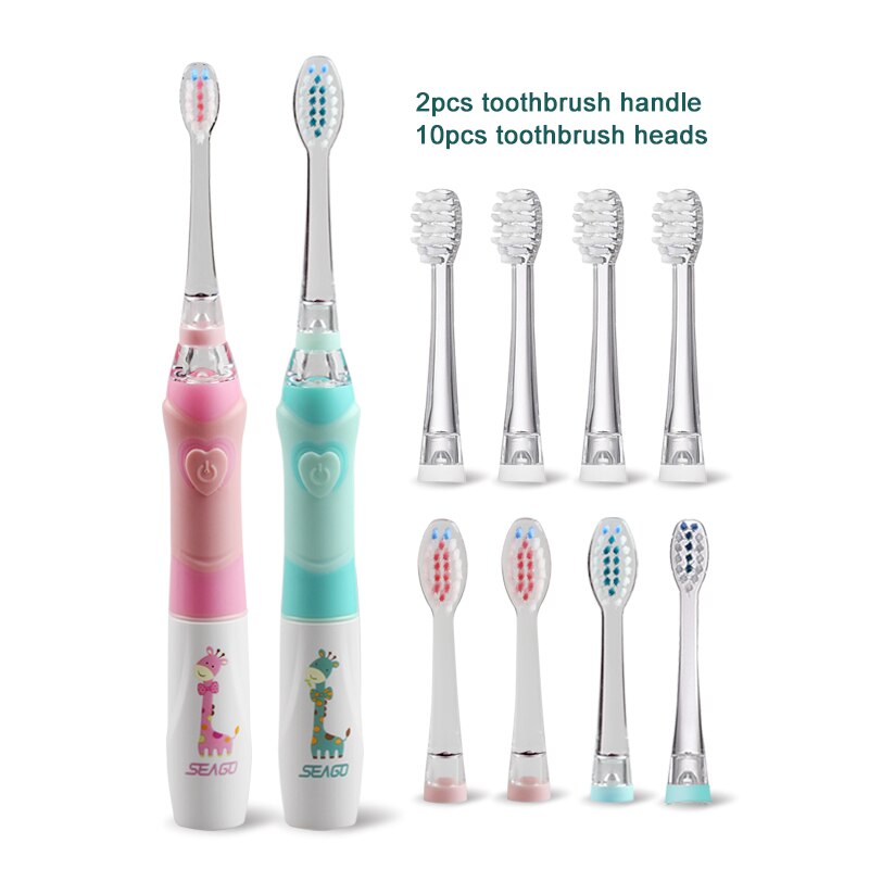 Seago børn elektrisk tandbørste drevet vandtæt sonisk tandbørste til 3-12 aldre børn elektronisk tandbørste med timer: 10pc børstehoveder