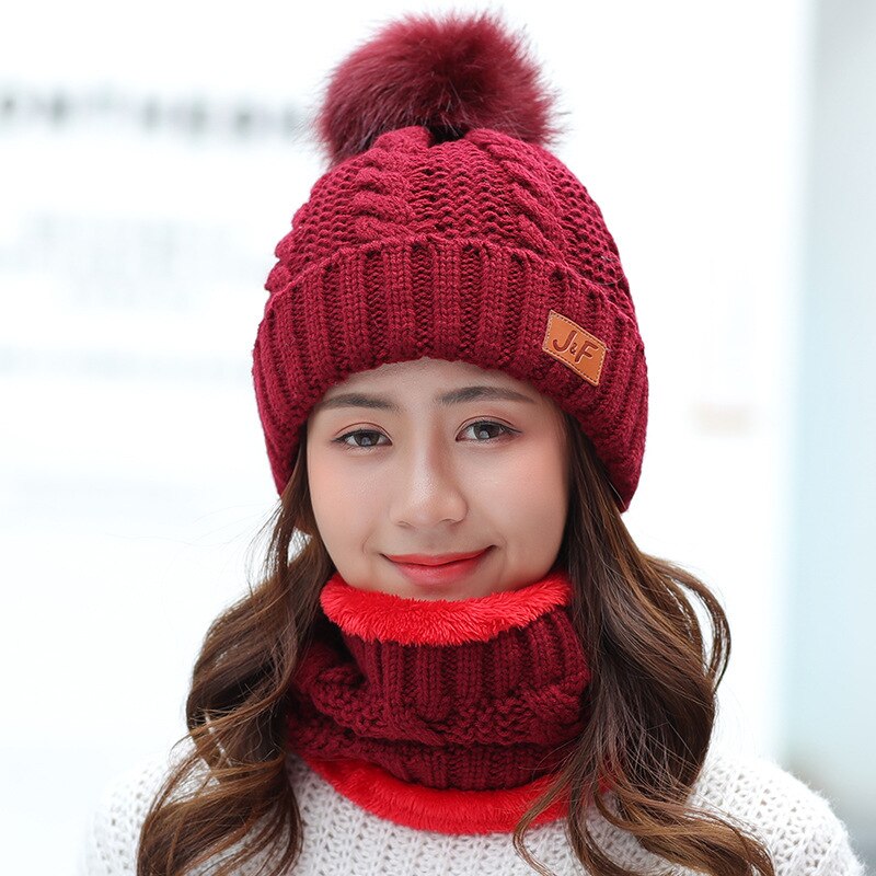 Conjunto de bufanda y sombrero de Invierno para mujer, gorro grueso de algodón, gorro de invierno cálido con anillo, bufanda, sombreros femeninos para niñas, sombrero de pompones