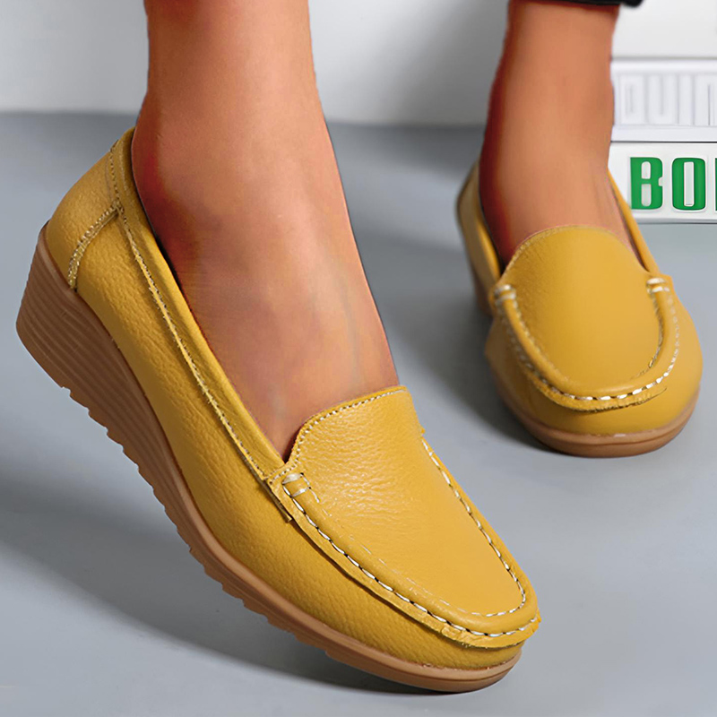 Zapatos de cuero para mujer, mocasines blancos y negros con tacones, mocasines informales para mujer, zapatos planos sin cordones, calzado de verano: YELLOW / 36