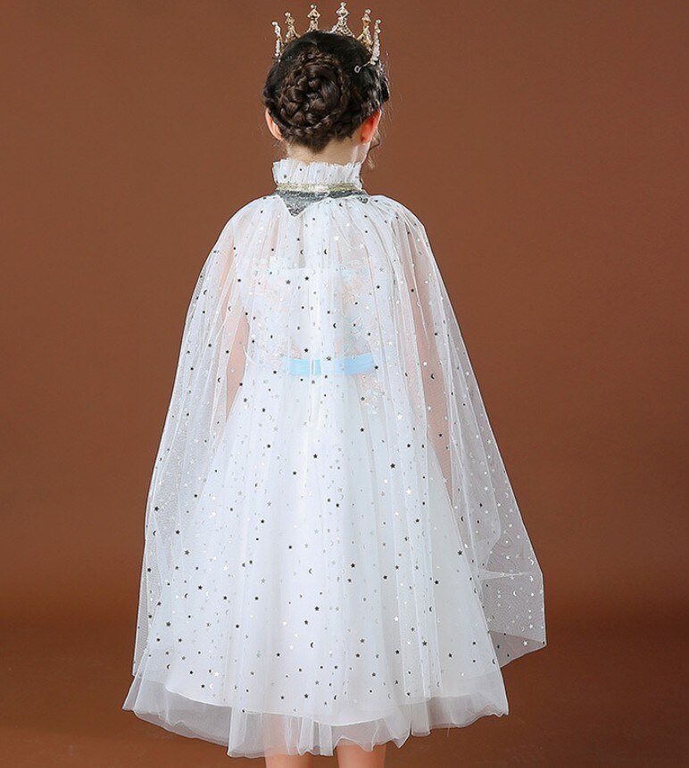 Girl’s Summer Gauze Double-Breasted Lace-Up Princess Cloak with Shinny Star Moon Patterns for Pantomime Play: White / M
