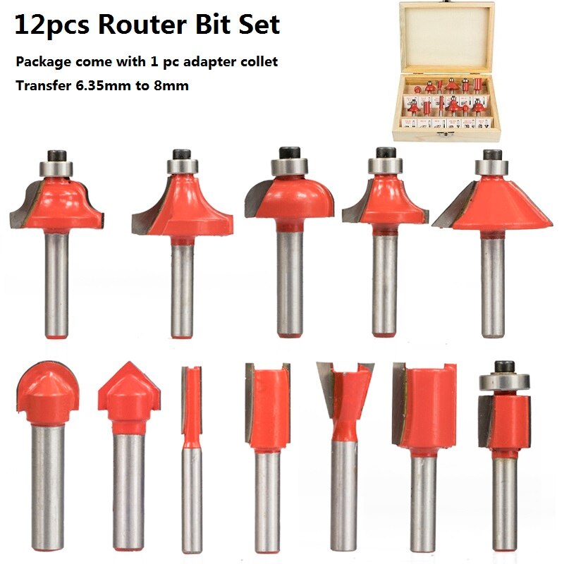 Carbide Router Bit Kit Wood Milling 6 Bearing Tungsten Cutting Router Set Tools 15pc For Woodworking Engraving Slot Trim Cutter: 12pcs Set A