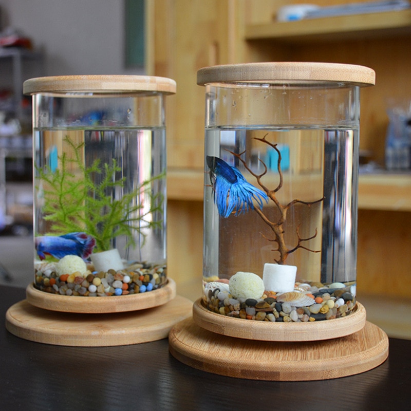 1pcs Glass Betta Fish Tank Bamboo Base Mini Decoration Accessories Rotate Bowl Aquarium Accessories1pcs