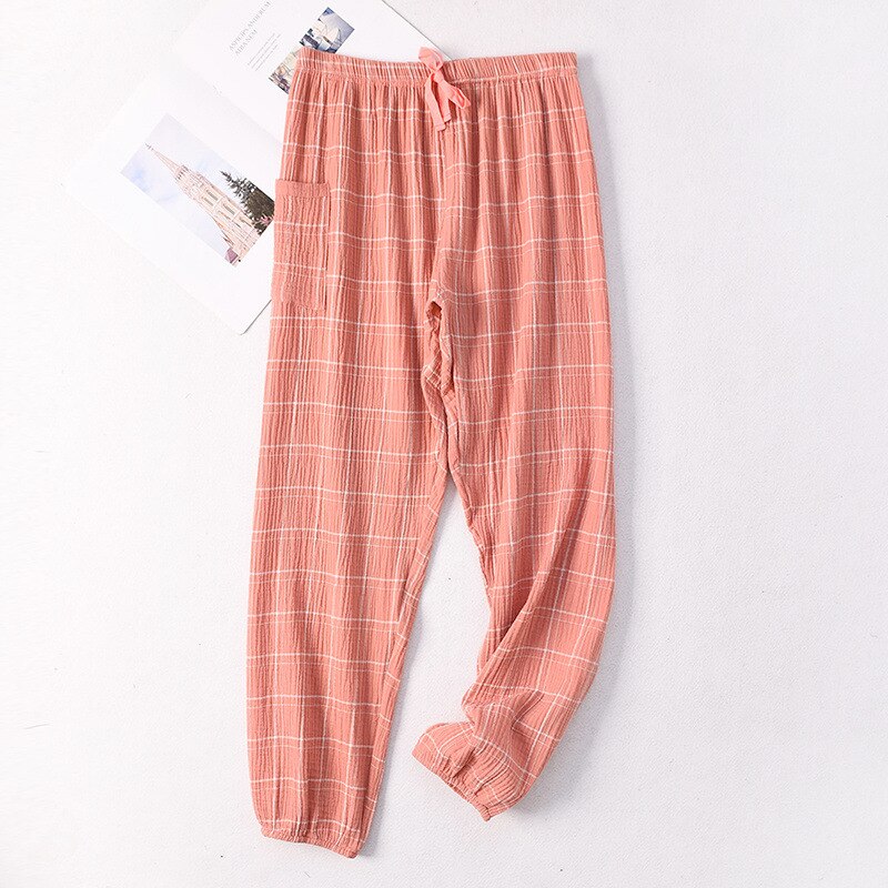 Women Crepe Gauze Home Pants Cotton Plaid Sleep Bottoms Womens Lounge Wear Plus Size Trousers Loose Sleep Wear with Pant: Orange / L