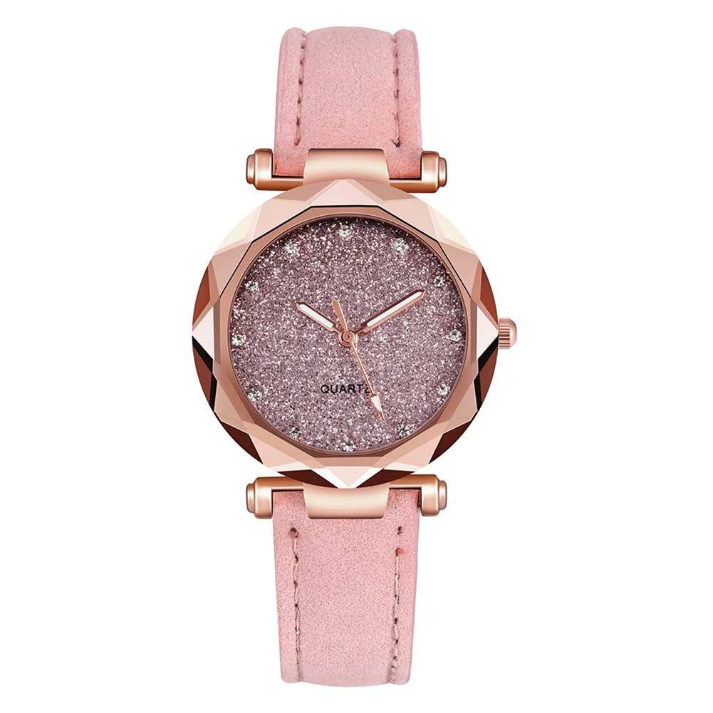 Montre Premium femme romantique ciel étoilé montre en cuir strass simple dames bracelet givré montre pailleté: Pink