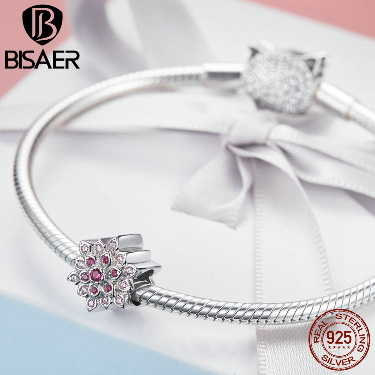 BISAER Echt 925 Sterling Silber Rosa verrotten Lotus Blume Perlen passen Reize Armbänder & Armreifen Sterling Silber Schmuck EFC038