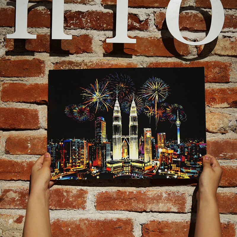 40*28cm DIY Colorful World Famous City Scraping Painting Magic Scratch Art Painting Paper Arts and Crafts Drawing Toys for Kids