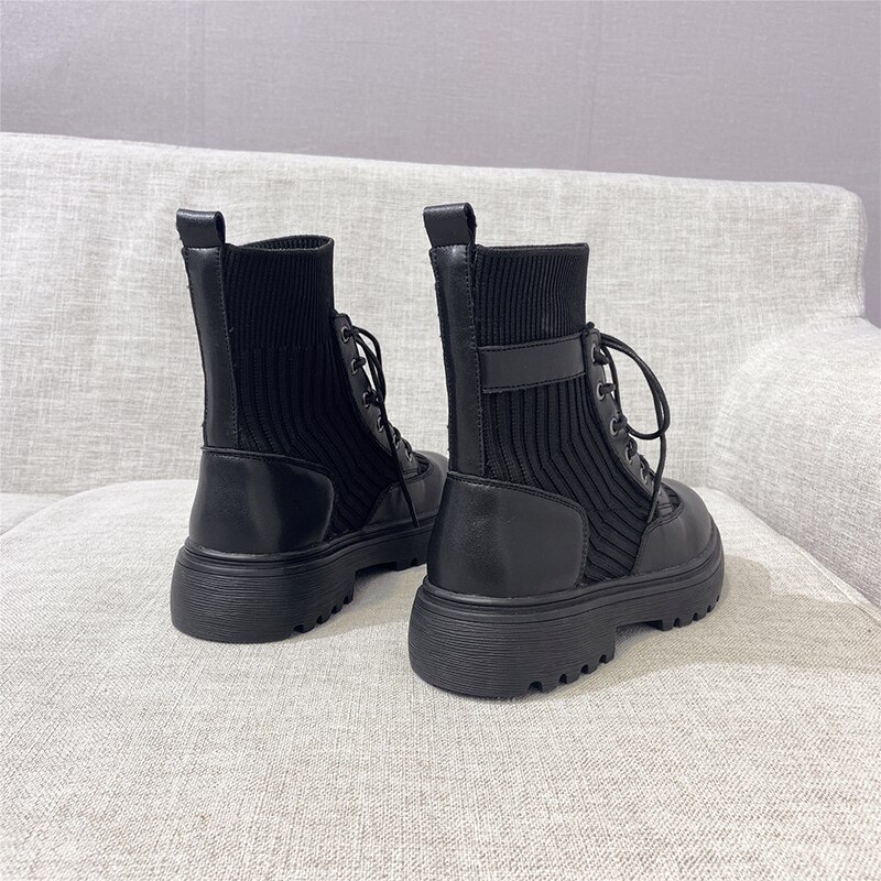 STQ – bottines de moto en cuir souple fendu pour femme, chaussures Punk noires, automne-hiver , 7152