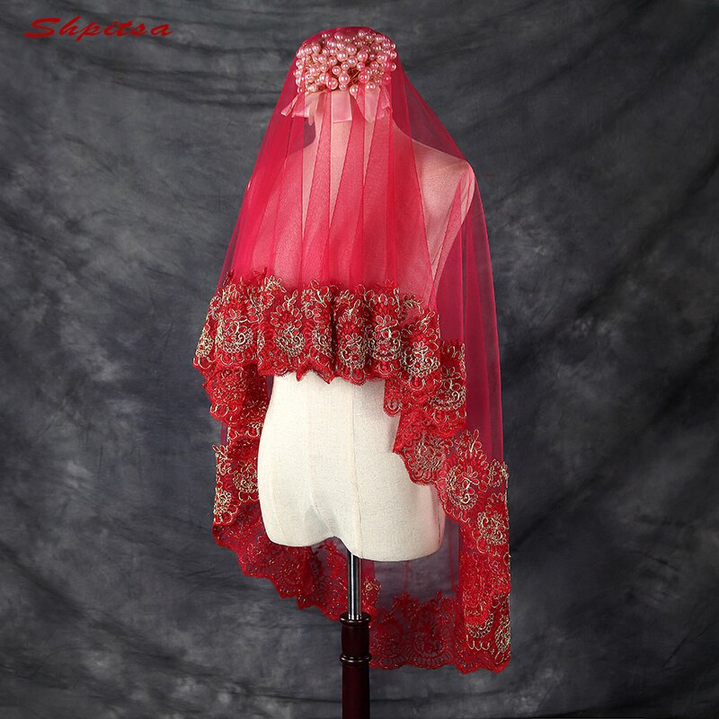 Red Lace Wedding Veil Short One Layer Bride Bridal Veils
