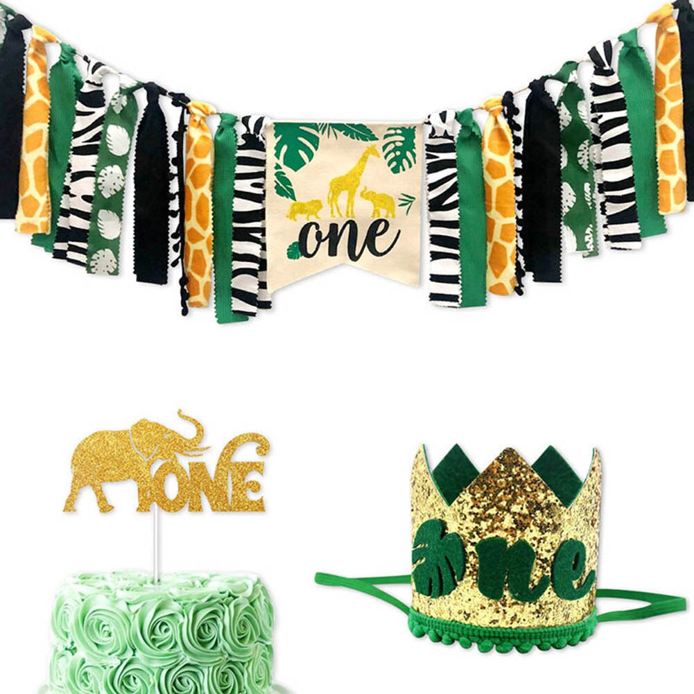 Animales de la selva temática trona decoración de Banner corona suministros para bebé 1er cumpleaños J2Y