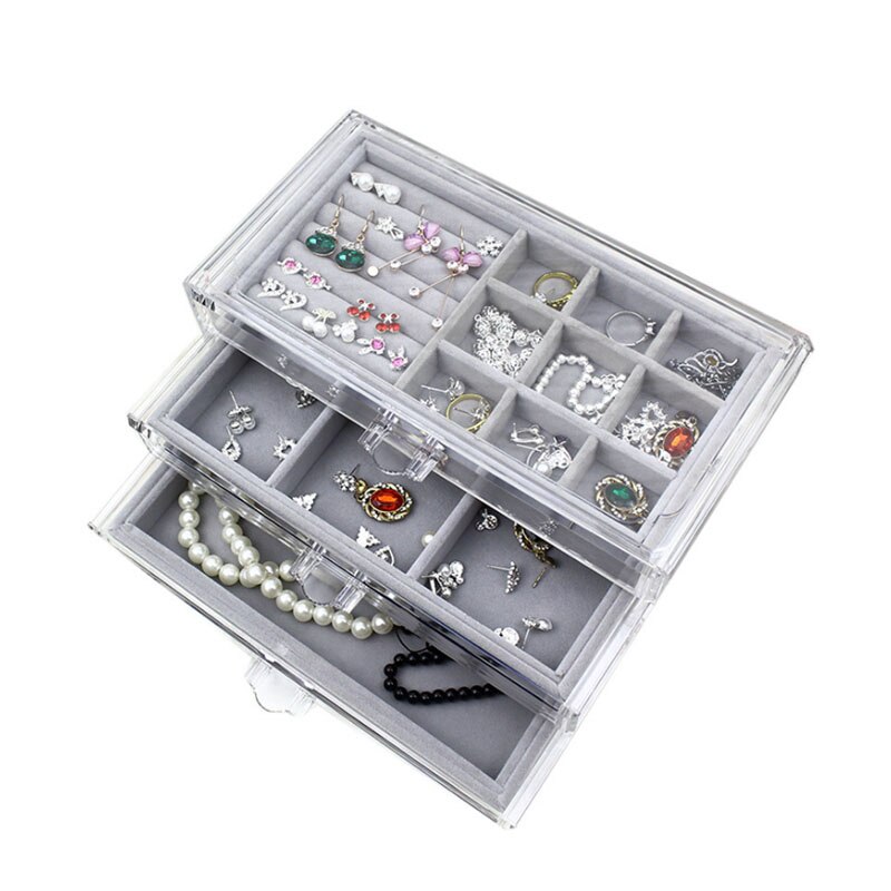 Acrylic Jewelry Storage Box Makeup Organizer Ring Earring Case Women Necklace Pendants Tray Jewelry Display Organizer: Plush cloth