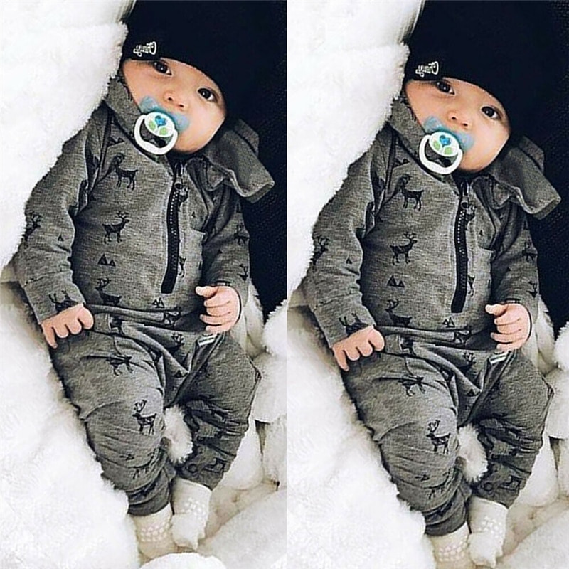 Winter Warm Newborn Baby Boys Hooded Romper Jumpsuit Infant Clothes Outfits Set Cartoon Deer Print Infant Clothing