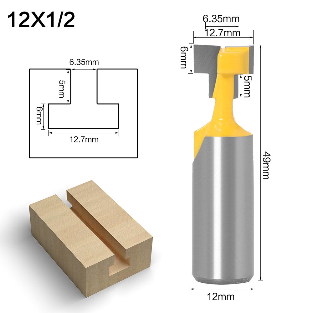 Jeu de mèches de routeur de trou de serrure à tige de 1/4 à 1/2 pouces, diamètre de lame de-3/8 et 1/2 pouces, fraise de gravure, fraises à fente en T: 12mm x 12.7mm