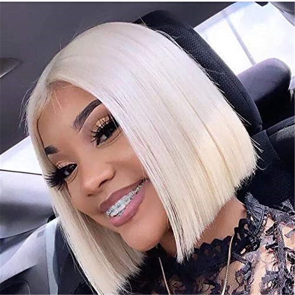 Glueless Bob Lace Wigs Synthetic Fiber Hair Lace Front Wigs Blonde Hair Short Straight Daily Wear Pre Plucked with Baby Hair