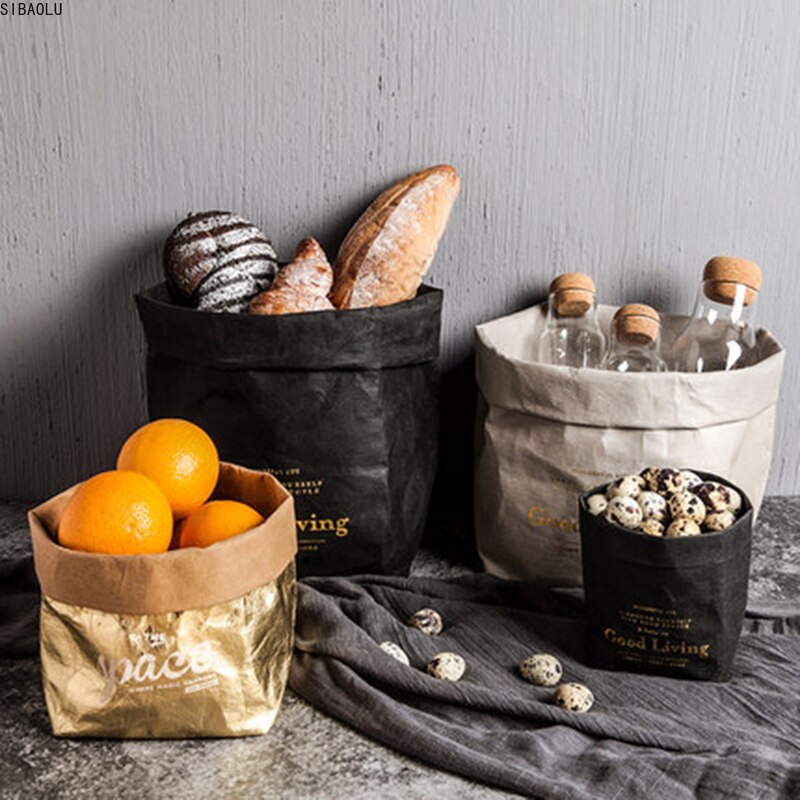 Sac de rangement en papier Kraft lavable et réutilisable pour la cuisine, sac de rangement pour aliments, sac de fruits, sacs imperméables, organisateur pour la maison