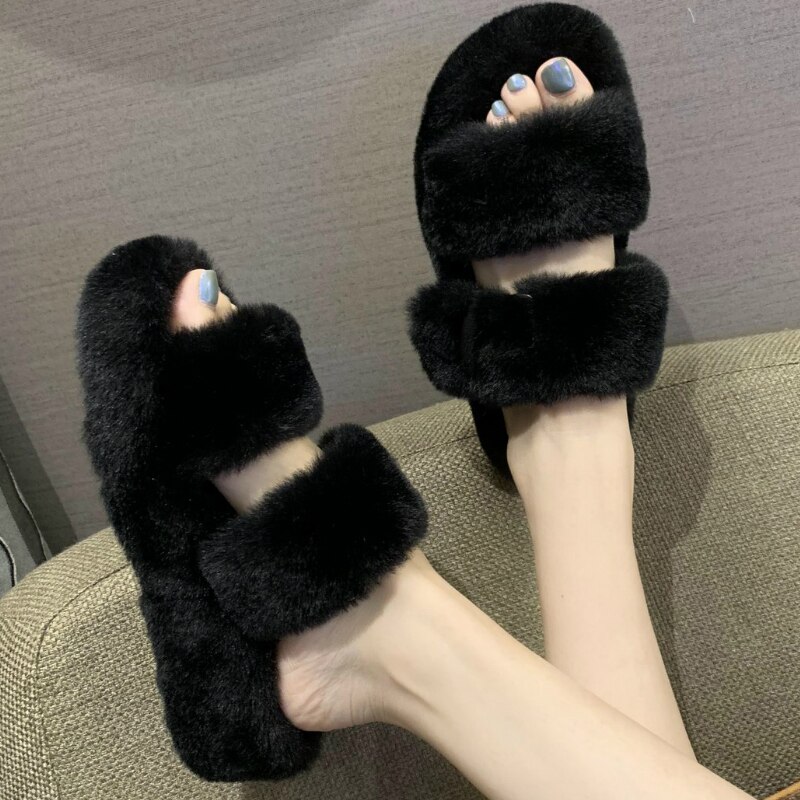 Women Fur Slippers Winter Platform Wedge Heel Indoor Non Slip Rubber Sole Slides Buckle Decoration Comfortable Shoes