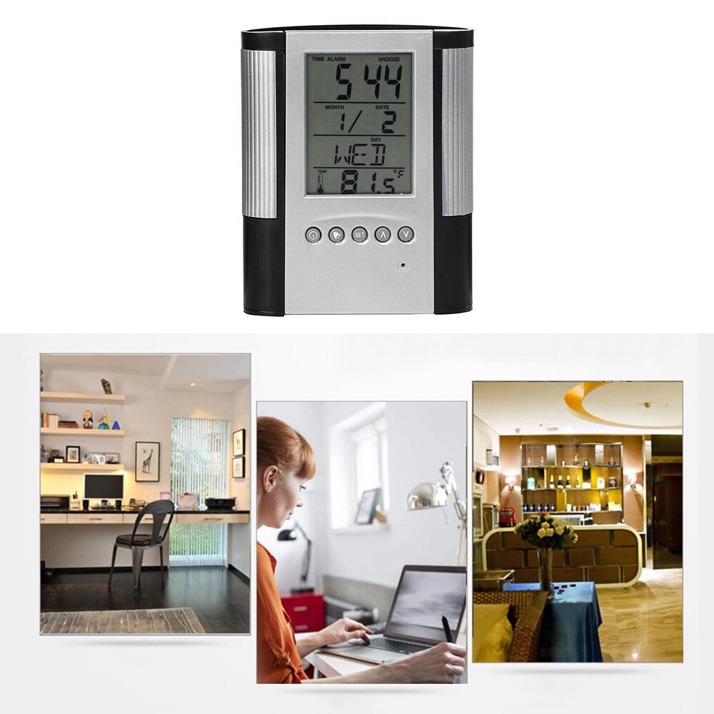 Pen blyant holder digital lcd skrivebord alarm ur pen holder kalender timer temperatur desktop ur