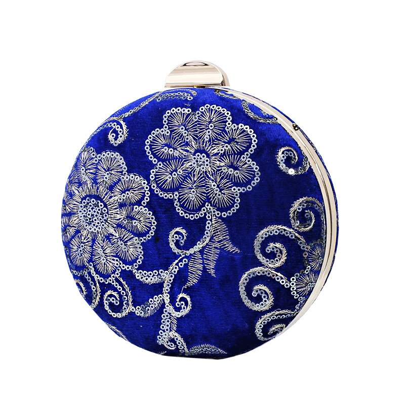 Velour Round Shape Evening Bags Clutch Bag With Chain Small Handbags Wedding Banquet Embroidered Flower Clutches Purse Retro