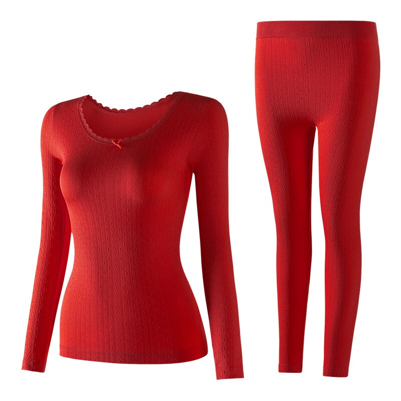 Kvindelige pyjamas sæt sømløs krop termisk undertøj kvinders nattøj dragt bund bund slank efterår vinter hjemmetøj lange johns: Rød