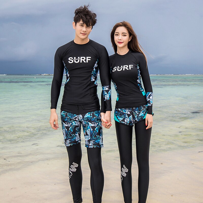 Nyeste meiyier par matchende mænd og kvinder rashguard langærmet svømmetøj bukser shorts surfdragt til elskere