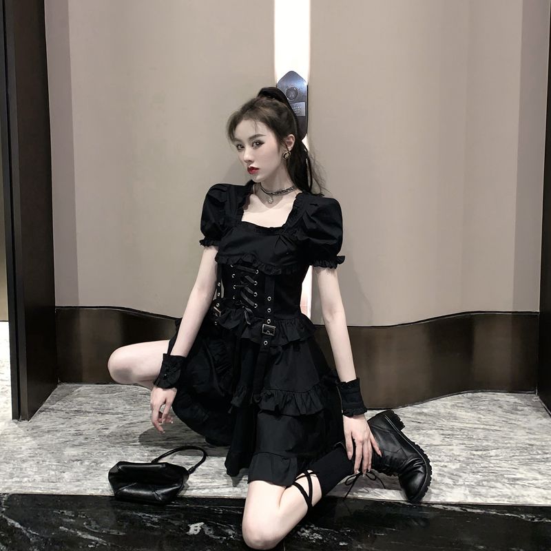Victorian Renaissance Black Gothic Lolita Dress Japanese Girl Vintage Punk Style Puff Sleeve Bandage Mini Dress Women Dresses