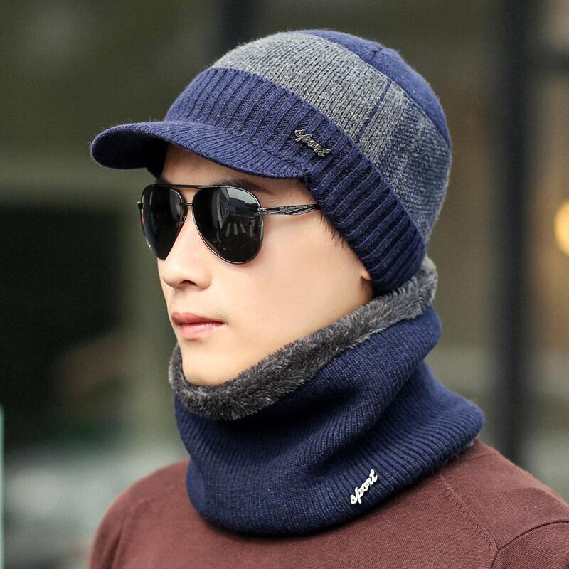 Vinter hatte beanies til mænd varm mand plus fløjl strikkede hatte tørklæder cap krave sæt balaclava maske motorhjelm gorras