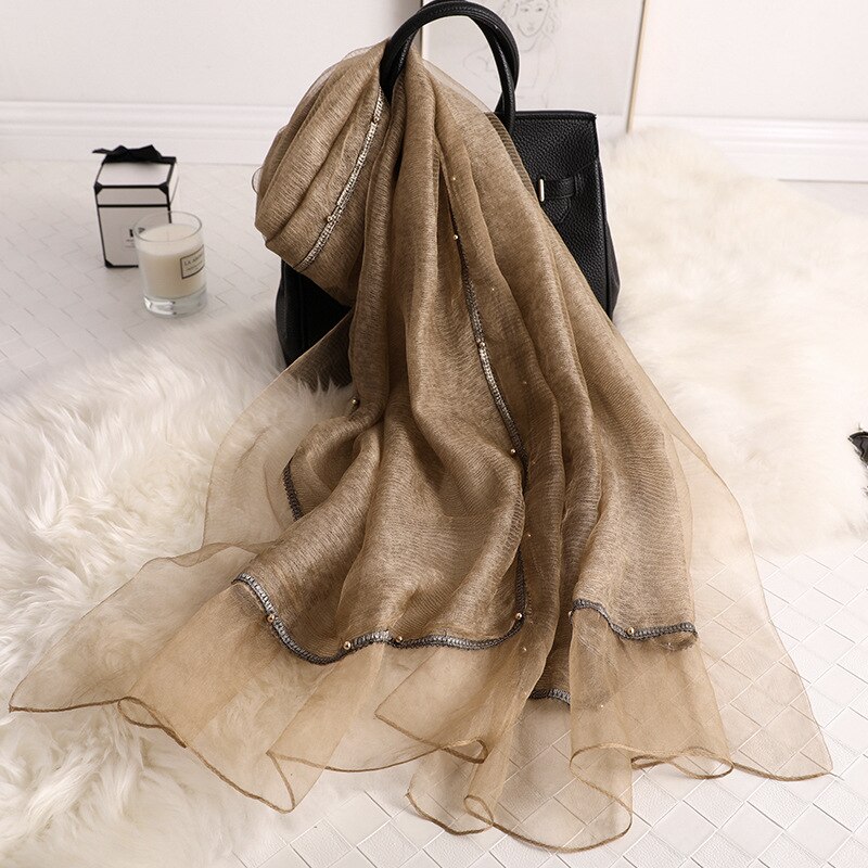 Heltäckande pärlor kvinnor siden halsdukar broderi mjuk ull halsduk lady pashmina sjal bandana foulard: Kamel
