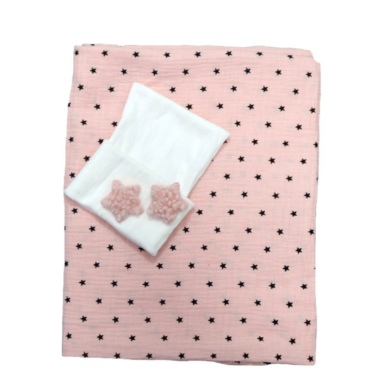 Muslin nyfødt baby fotografering rekvisitter tæpper swaddles hat sæt piger blød indpakning økologisk bomuld sengetøj håndklæde: Pinkstar
