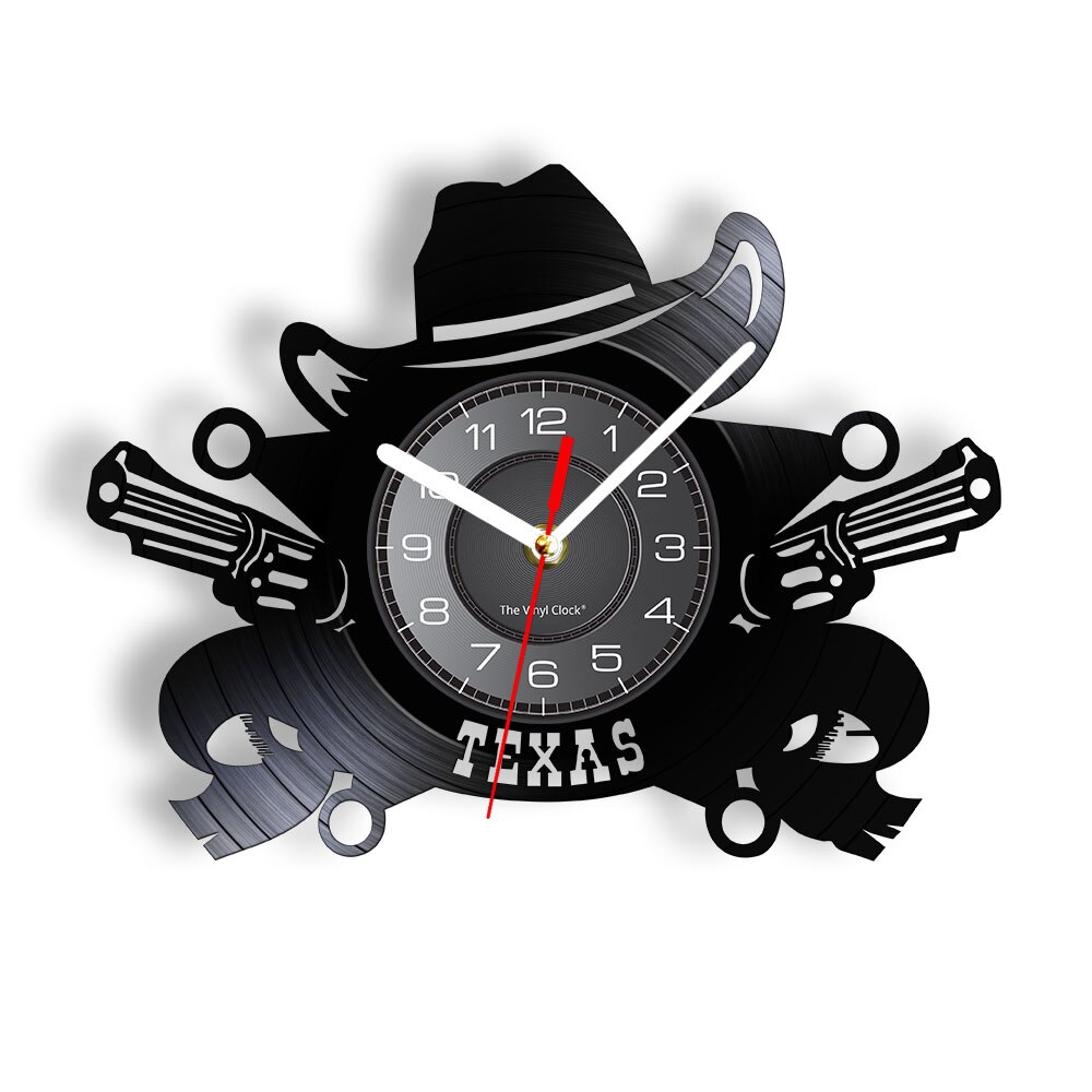 Texas Cowboy Wall Clock Western USA Skyline Symbol Vinyl Record Wall Clock Wild West Vintage Rodeo Revolvers Western Wall Decor: Without LED