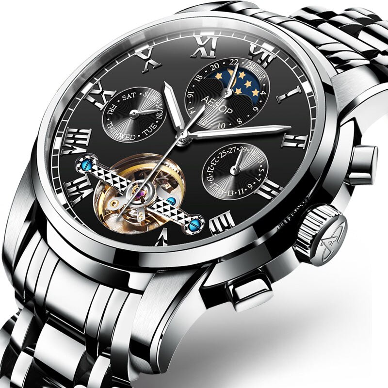 Aesop Automatische Mechanische Horloge Mannen Luxe Heren Horloges Polshorloge Waterdichte Skeleton Mannelijke Klok Mannen Relogio Masculino: Black silver B