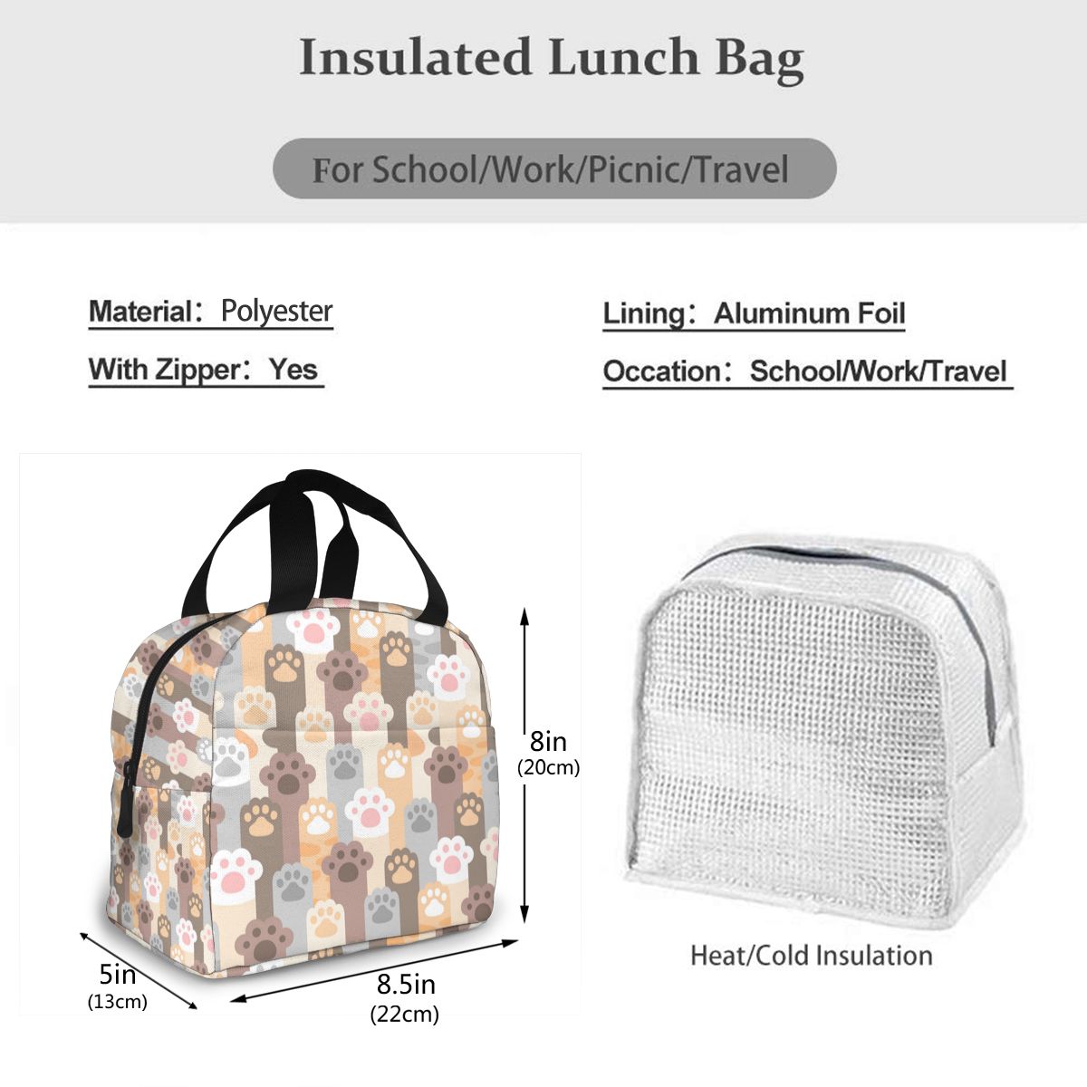 Lunch Bag Cat Paw Footprint Thermal Insulated Lunch Box Tote Cooler Bag Bento Pouch Lunch Container Food Storage Bag