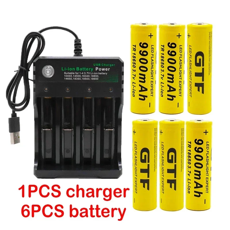 Batería de liion recargable de 3,7 V 9900 mAh para batería de linterna Led al por mayor + cargador USB: YELLOW