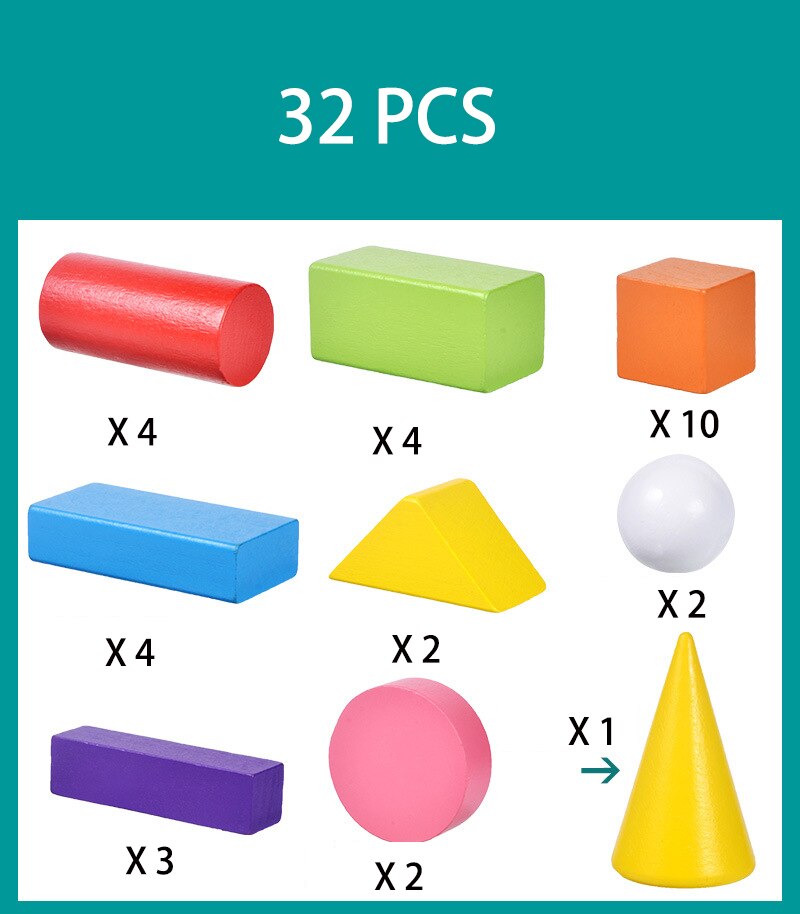 Børns s 48-- delt geometriske farverige træblokke samlet bygning børns læringsundervisningstøj: 32 stk