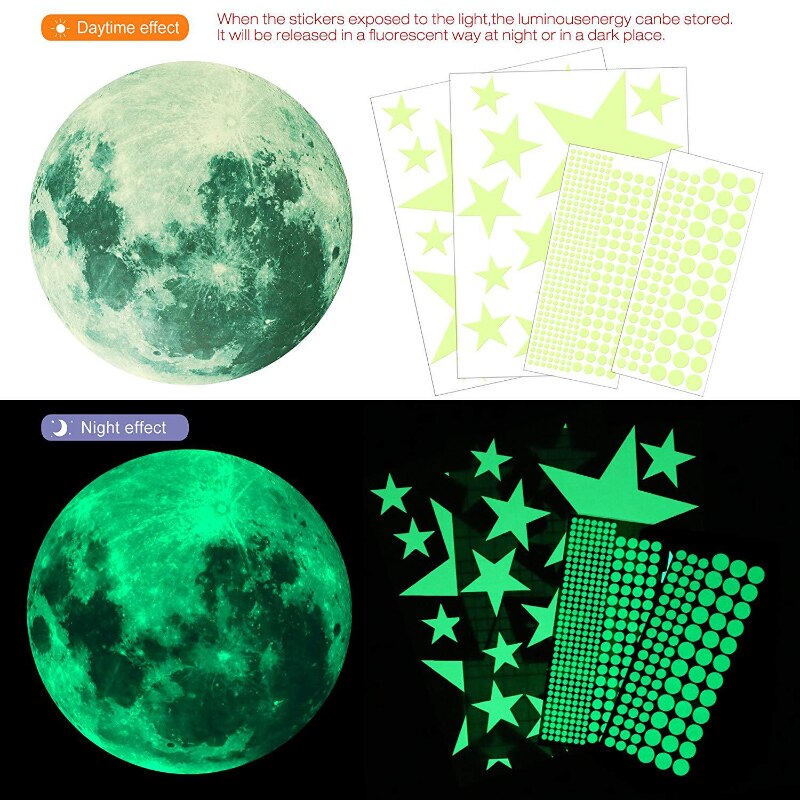 435pcs/pack Luminous Wall Stickers Moon Star Five-pointed Star PVC Sticker DIY Children Bedroom Decoration Wall Decor: green 30cm moon