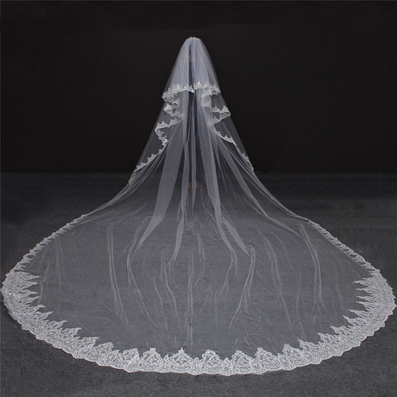 2 Schichten Lange 3 M Hochzeit Schleier 3 Meter 2 T Pailletten Spitze Abdeckung Gesicht Weiß Elfenbein Braut schleier Braut Zubehör