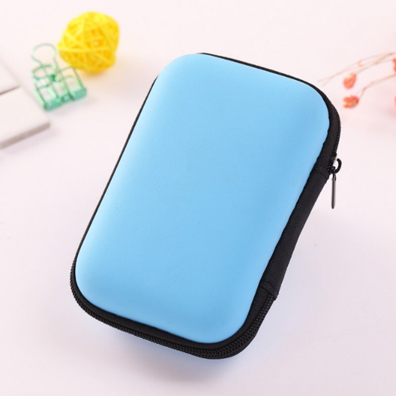 Portable Mini Zipper Hard Earphone Organizer Case Travel PU Leather Protective USB Cable Earbuds Case Bag: blue