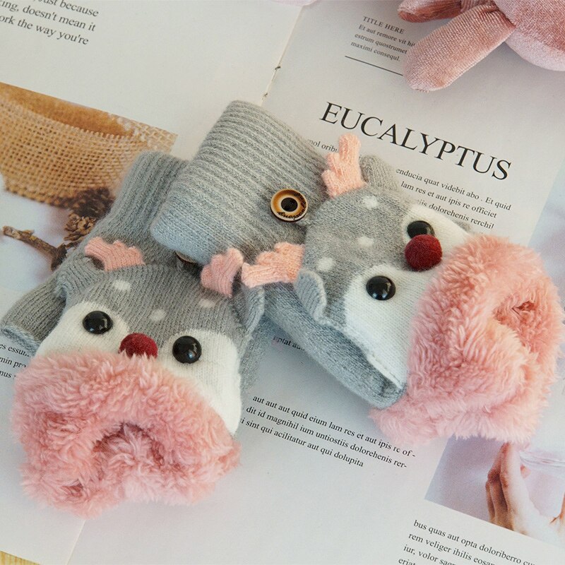 Mitaines de renne de dessin animé pour enfants, hiver , Plus velours, gants tricotés pour bébés filles de 1 à 8 ans: Gray