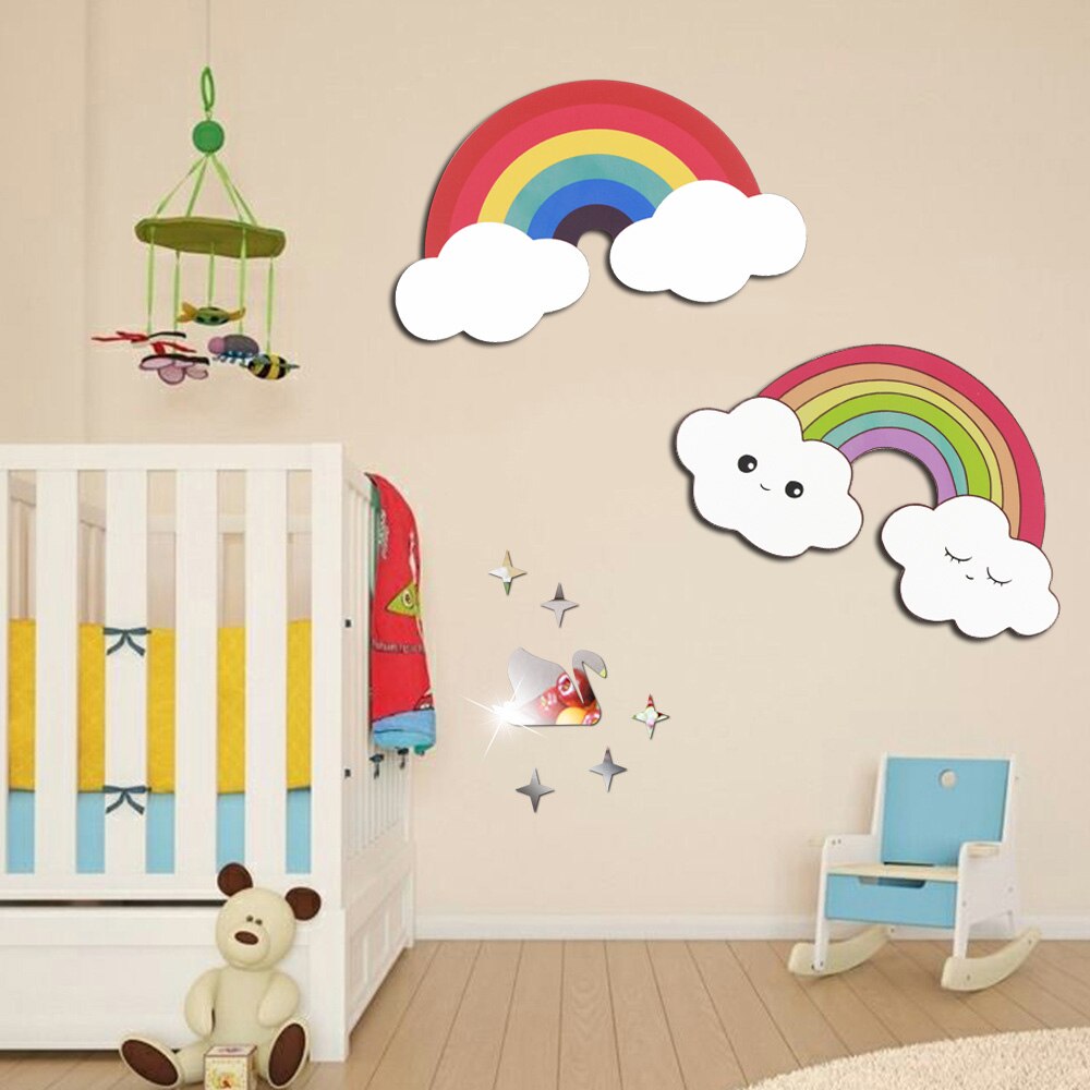 Beautiful 3D DIY Rainbow Clouds Wall Poster Stickers Bedroom In Wall Sticker Kids Room Home Decor Wood Plate Wooden Wall Decor
