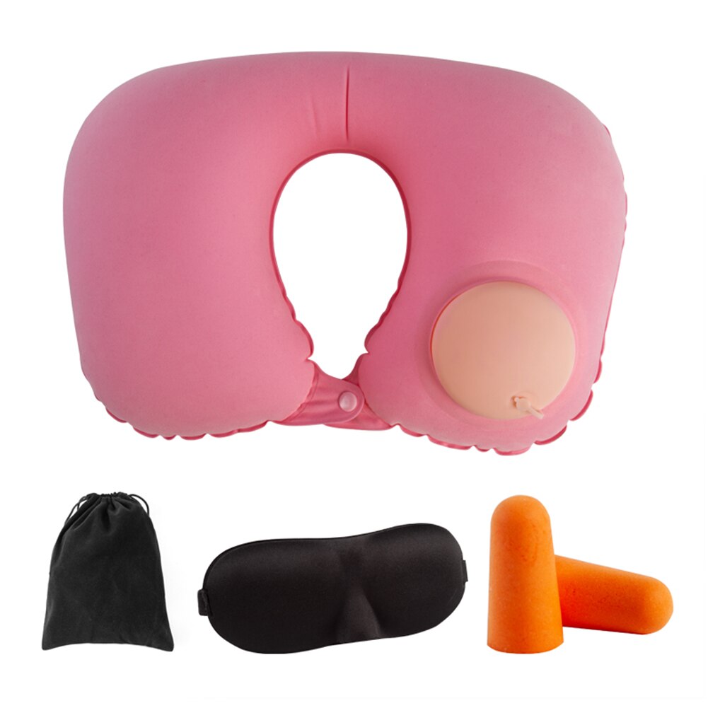 U-vormige Opblaasbare Nekkussen Nek Hoofd Ondersteuning Travel Kit Met Slaap Oogmasker Oordoppen Zak Voor Auto Auto Trein vliegtuig: Pink 4Pcs