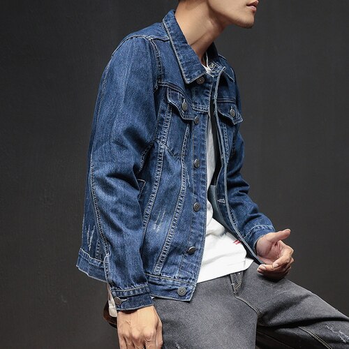 Distressed Blue Denim Jacket men Autumn Ripped Jeans Coat Male Slim Fit Casual Coats Solid Simple Plus Size 3XL Top: Dark blue / Asia 3XL 74 to 80kg
