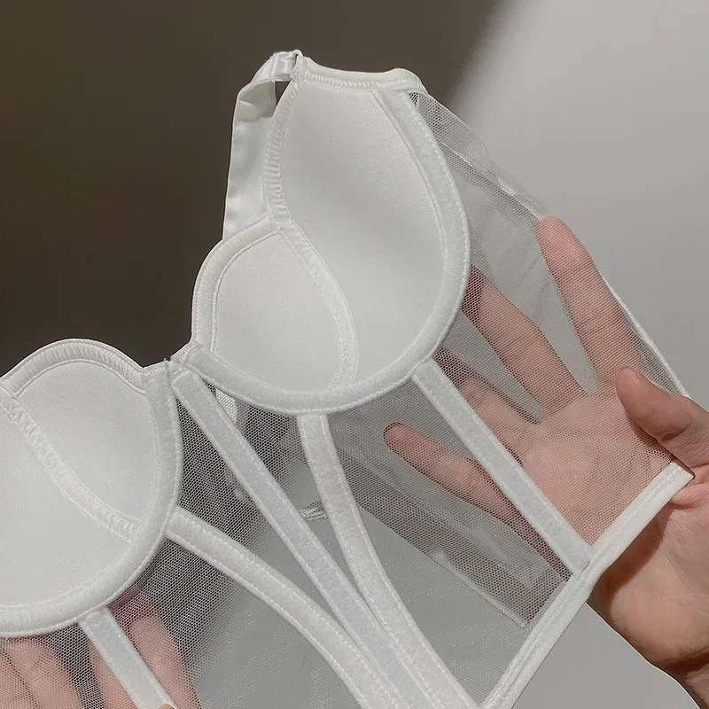 Kvinders aftenkorsetchic mesh fiskebens-camisole inderbeklædning yderbeklædning korset crop top talje-stram sexet bh hvid gopia