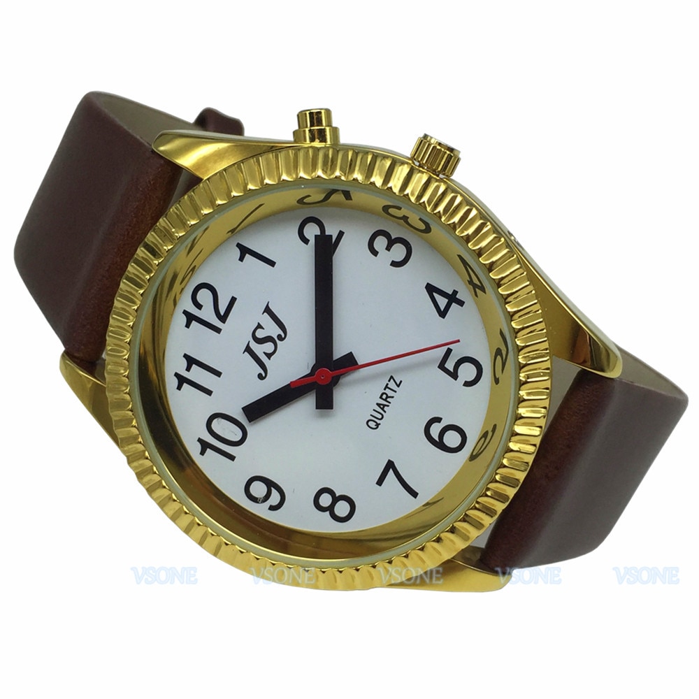 Spanish Talking Watch with Alarm Function, White Dial, Brown Leather Band, Golden Case B4-G206W-TS