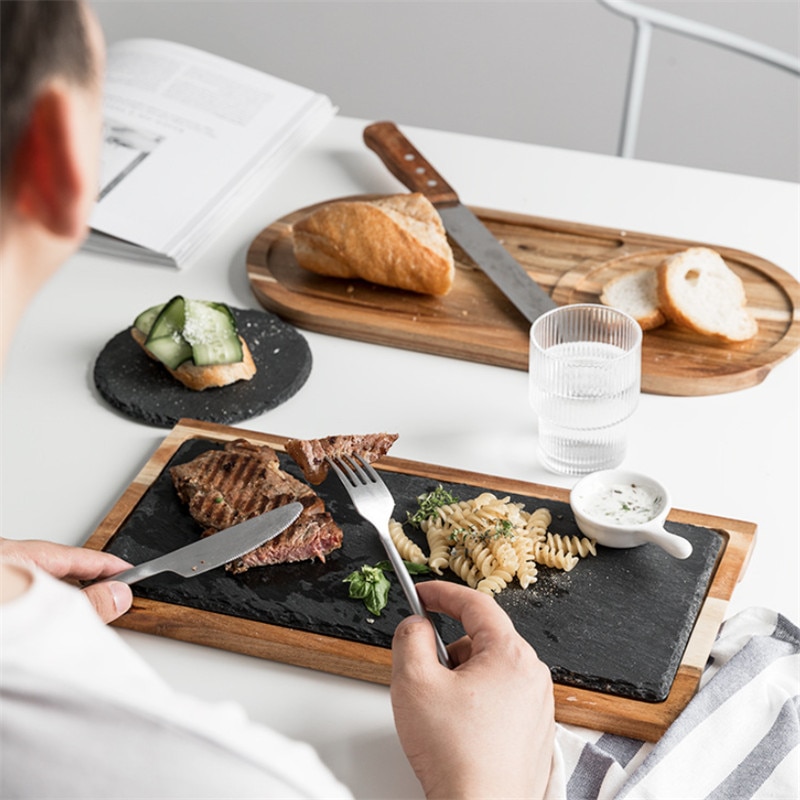 Plato de aperitivo de madera maciza, bandeja de madera para Pizza, plato de pan de pizarra negra, plato de madera para carne de repostería, plato de comida japonesa