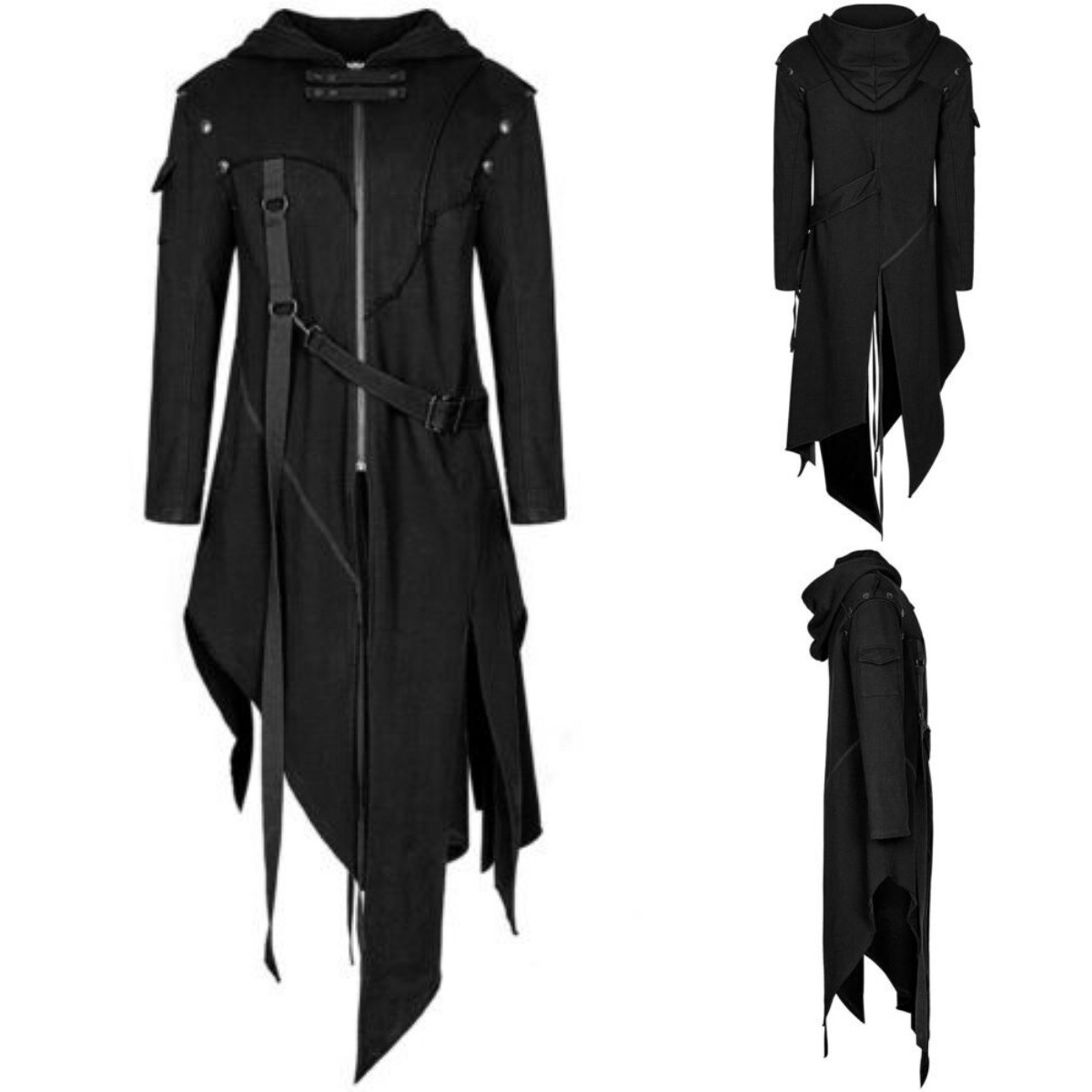 Disfraz de pirata de elfos de Assassin Medieval Steampunk para adultos, Chaqueta larga dividida negra, abrigos de cuero de armadura gótica, Vintage, Halloween