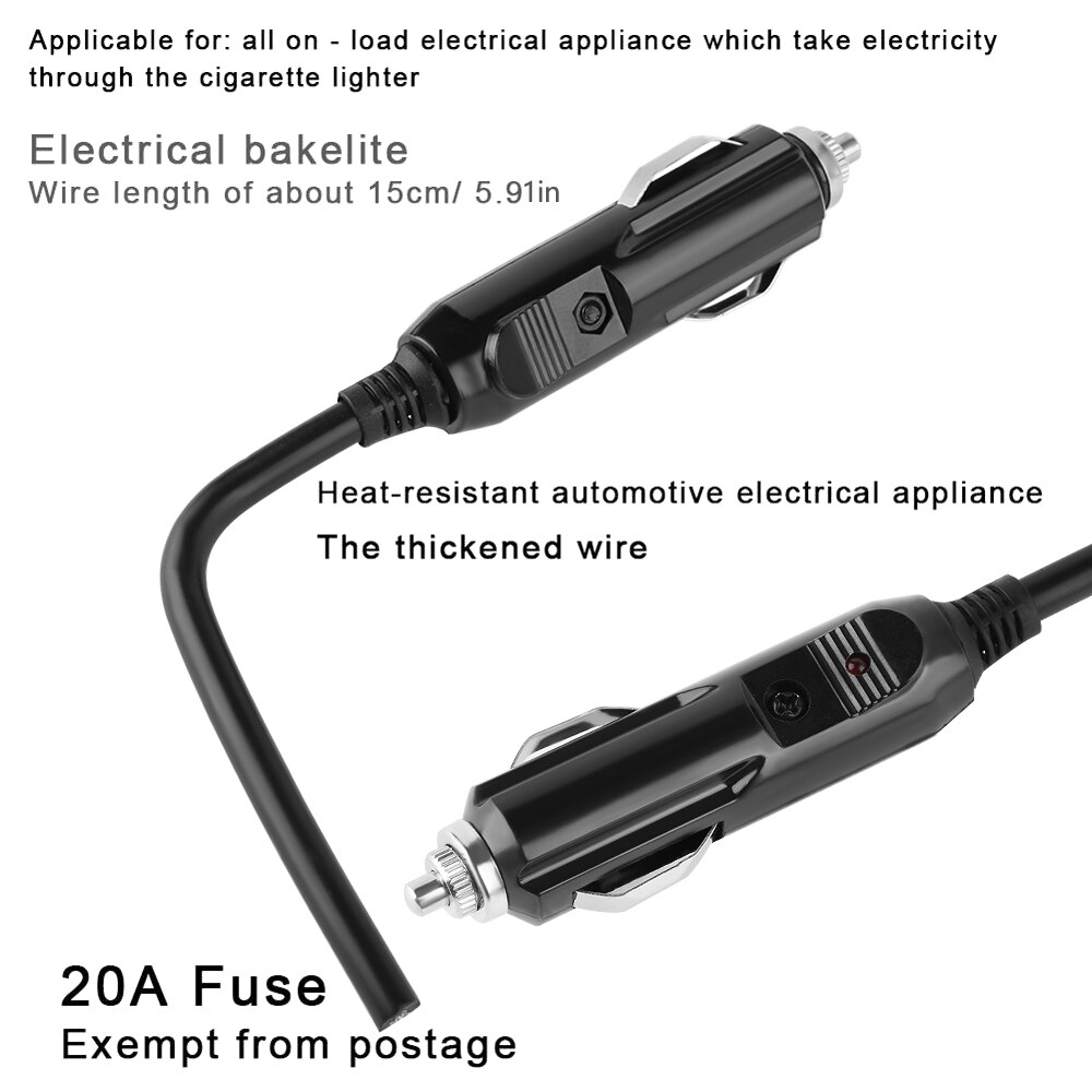 20A Fuse Red LED 12V/24V Male Car Cigar Cigarette Lighter Socket Plug Connector