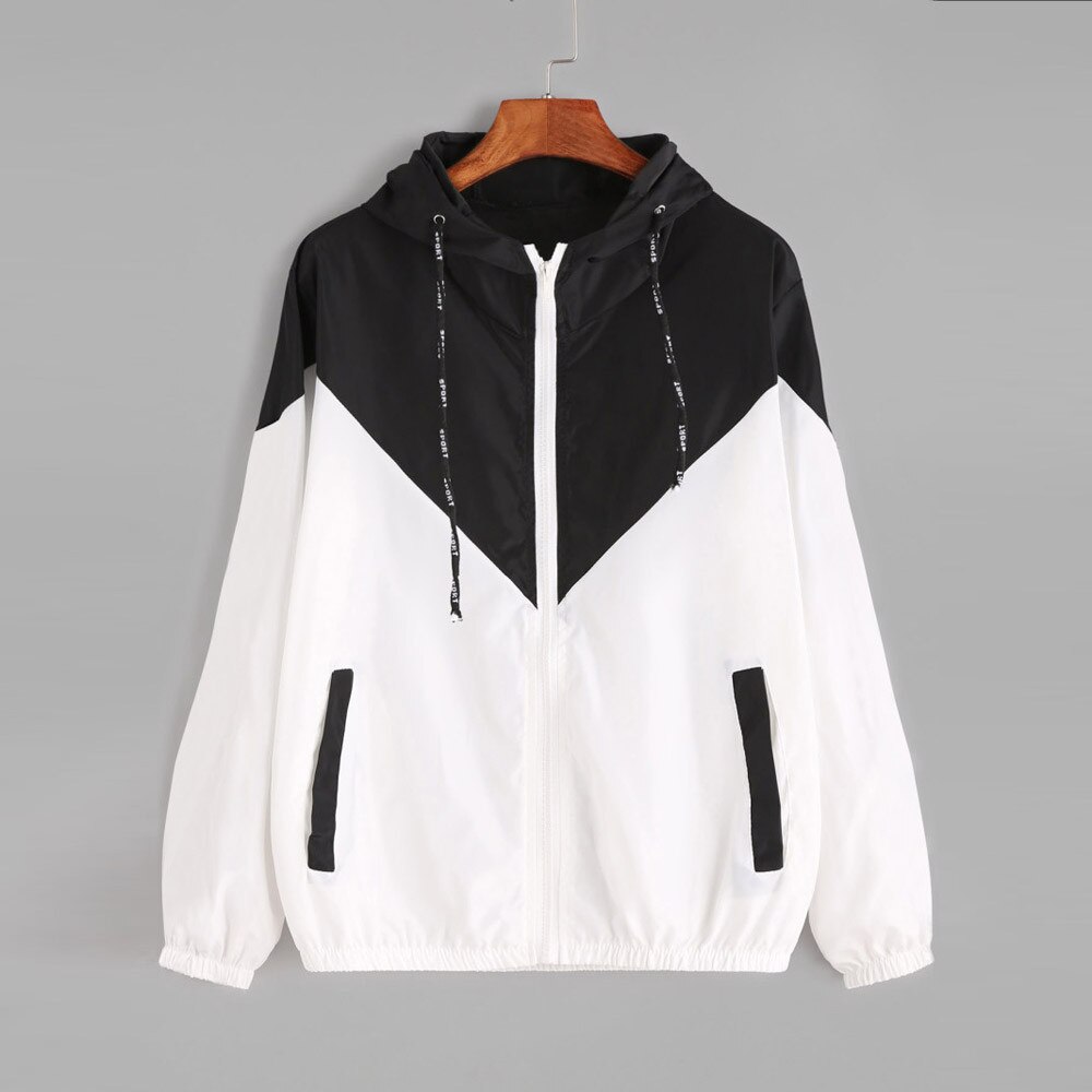 Vrouwen Basic Jassen Vrouwelijke Rits Zakken Casual Lange Mouwen Jassen Herfst Capuchon Twee Tone Windjack