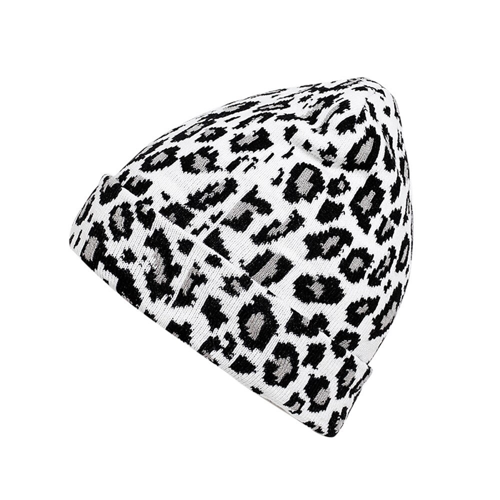 Vuxna kvinnor män vinter leopard virkad mössa stickad mössa varm mössa mössa hårboll varm mössa #t2: Vit